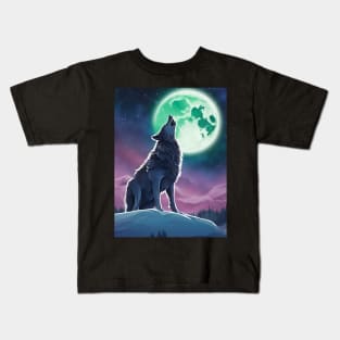 Nature Galaxy Starry Night Full Moon Howling Wolf Kids T-Shirt
